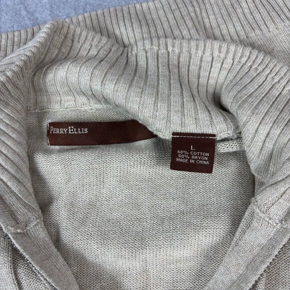 Perry Ellis Full Zip Long Sleeves Beige Sweater Size Large Modern Work Classic - Picture 7 of 9